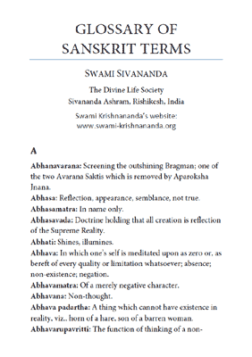 Glossary of Sanskrit Terms (Swami Sivananda)