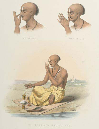 Desenho de um iogue de biótipo indiano, tampando alternativamente as narinas para respirar.
