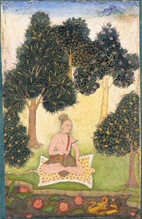 Um iogue sentado em um jardim